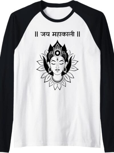 Kali Mata, Navratri Hindu Goddess Jai Mahakali Sanskrit Puja Raglan T-Shirt (USA)