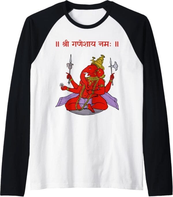 Ganapati, Ganesh, Shree Ganeshaya Namaha Sanskrit Puja Raglan T-Shirt (USA)