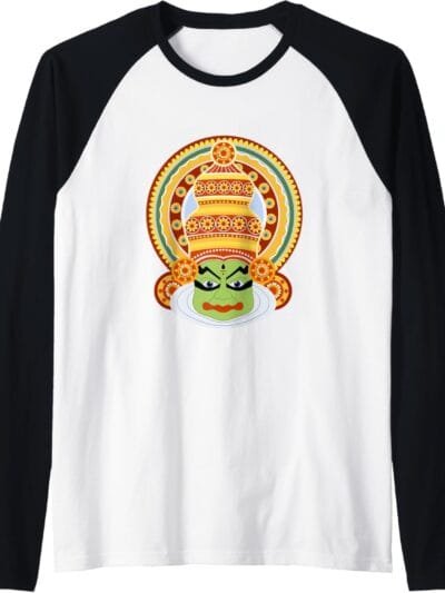 Hinduism Kathakali Dancer Face Kerala Onam Hindu Temple Puja Raglan T-Shirt (USA)