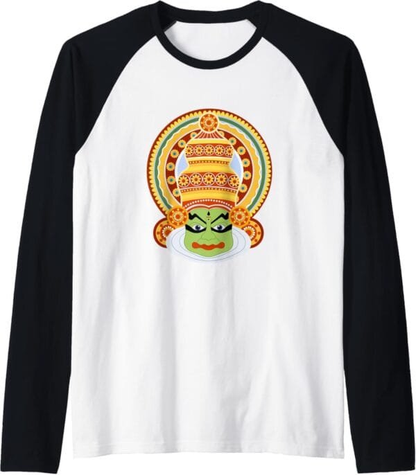 Hinduism Kathakali Dancer Face Kerala Onam Hindu Temple Puja Raglan T-Shirt (USA)
