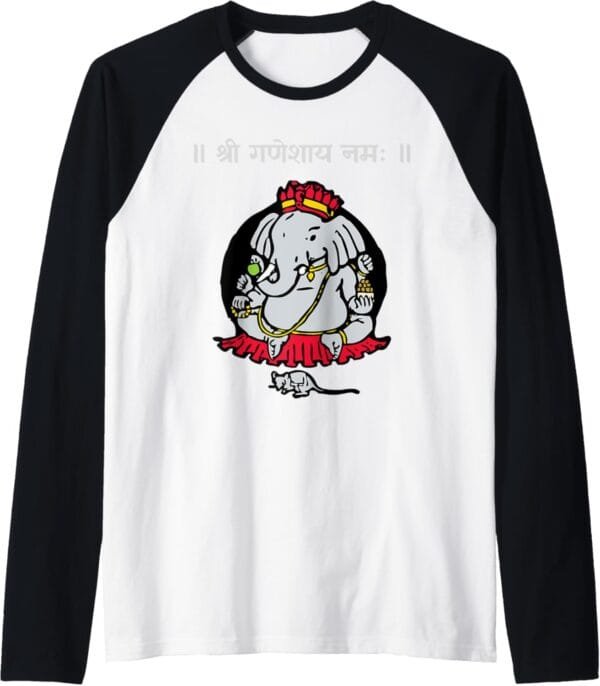 Ganapati, Ganesh, Shree Ganeshaya Namaha Sanskrit Puja Raglan T-Shirt (USA)
