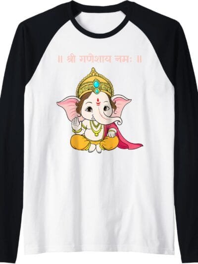 Ganapati, Ganesh, Shree Ganeshaya Namaha Sanskrit Puja Raglan T-Shirt (USA)