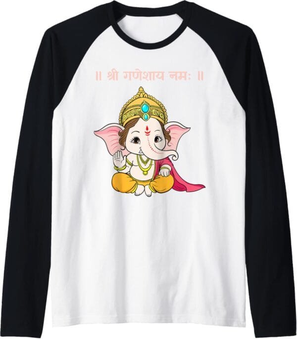 Ganapati, Ganesh, Shree Ganeshaya Namaha Sanskrit Puja Raglan T-Shirt (USA)
