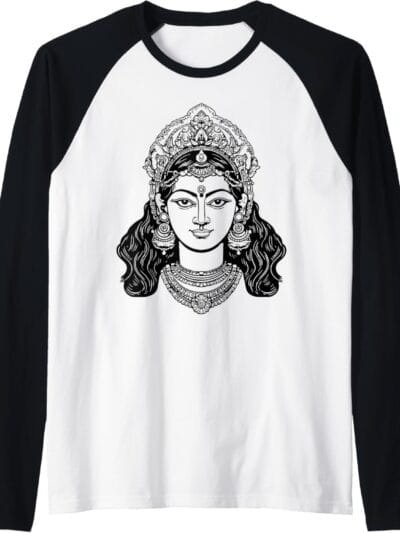 Parvati Mata, Navratri Hindu Goddess Face Pooja Raglan T-Shirt (USA)
