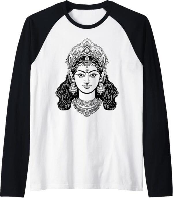 Parvati Mata, Navratri Hindu Goddess Face Pooja Raglan T-Shirt (USA)