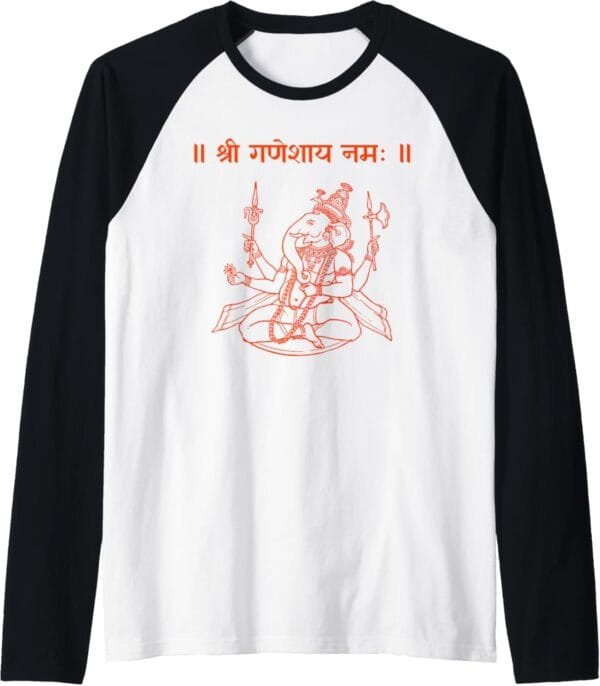 Ganapati, Ganesh, Shree Ganeshaya Namaha Sanskrit Puja Raglan T-Shirt (Spain)