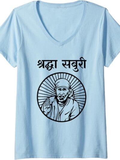Sai Baba of Shirdi Blessing God Pooja Shraddha Saburi Hindi V-Neck T-Shirt (Germany)
