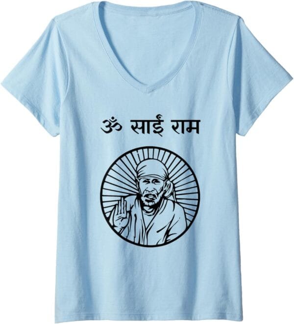 Sai Baba of Shirdi Blessing God Temple Puja Om Sai Ram Hindi V-Neck T-Shirt (USA)