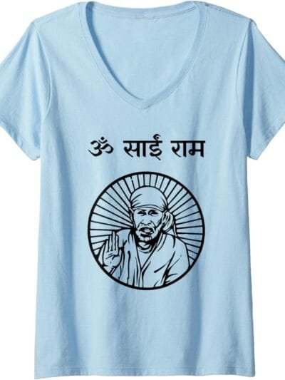 Sai Baba of Shirdi Blessing God Temple Puja Om Sai Ram Hindi V-Neck T-Shirt (UK)