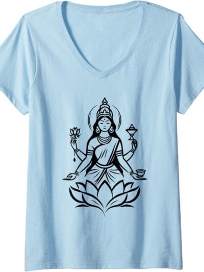 Laxmi Mata, Diwali Indian Goddess on Lotus Flower Hindu Puja V-Neck T-Shirt (UK)