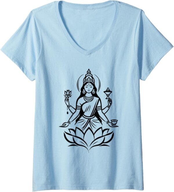 Laxmi Mata, Diwali Indian Goddess on Lotus Flower Hindu Puja V-Neck T-Shirt (UK)