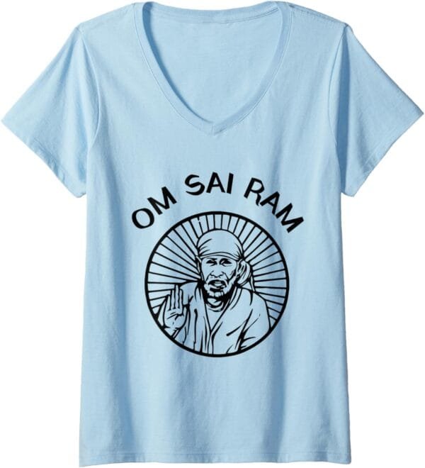 Sai Baba of Shirdi Blessing God Hindu Temple Puja Om Sai Ram V-Neck T-Shirt (Spain)
