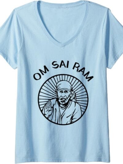 Sai Baba of Shirdi Blessing God Hindu Temple Puja Om Sai Ram V-Neck T-Shirt (UK)