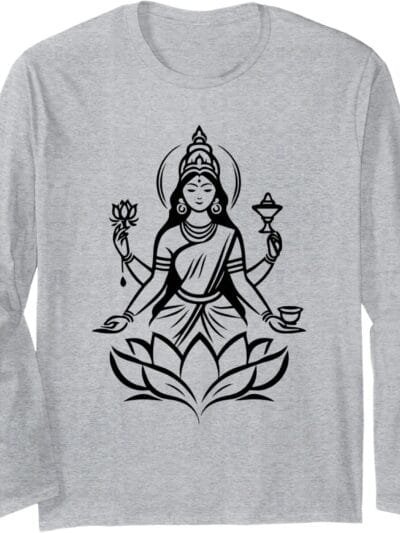 Laxmi Mata, Diwali Indian Goddess on Lotus Flower Hindu Puja Long Sleeve T-Shirt (Germany)