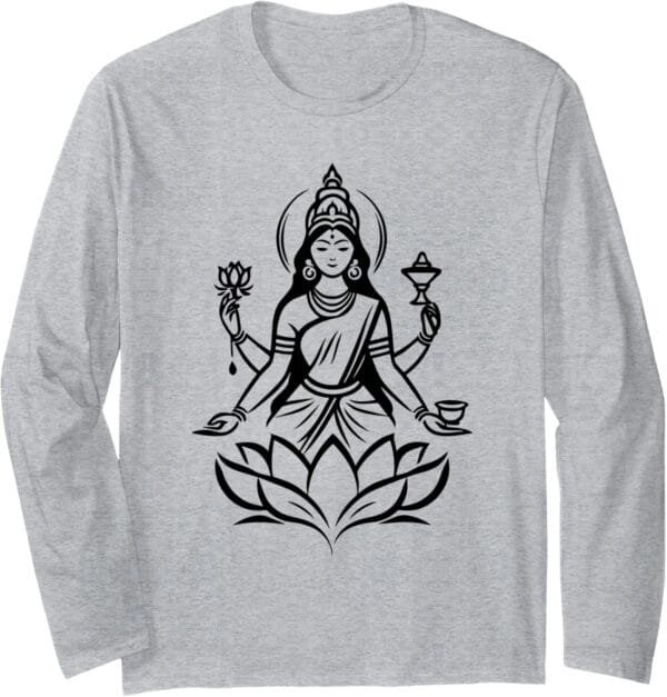 Laxmi Mata, Diwali Indian Goddess on Lotus Flower Hindu Puja Long Sleeve T-Shirt (France)