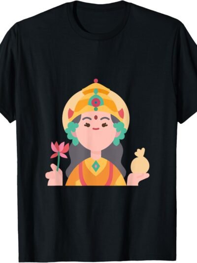 Laxmi Mata, Diwali Lakshmi Ji With Lotus Illustration Pooja T-Shirt (USA)