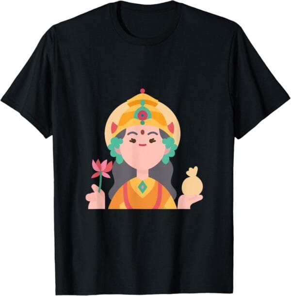Laxmi Mata, Diwali Lakshmi Ji With Lotus Illustration Pooja T-Shirt (USA)